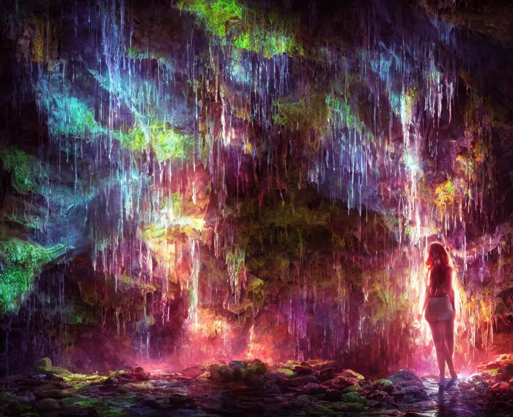 Prompt: oil painting, star rain, underground lake, stalactites, stalagmites, rocks, dungeon, glowing threads of drop, girl under a waterfall, fluorescent colors, rich deep colors masterpiece, ultra detailed, beautiful fantasy, contrast, volumetric light, atmospheric lighting, cinematic, moody, octane render 4 k, 8 k