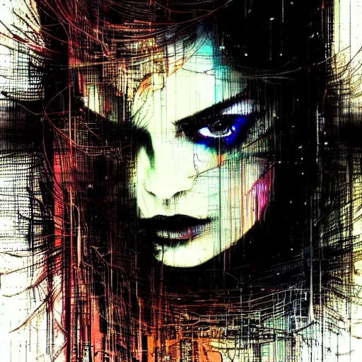 Prompt: portrait of a hooded beautiful women, mysterious, glitch effects over the eyes, shadows, by Guy Denning, by Johannes Itten, by Russ Mills, centered, glitch art, innocent, clear skin, hacking effects, chromatic, cyberpunk, color blocking, digital art, concept art, abstract