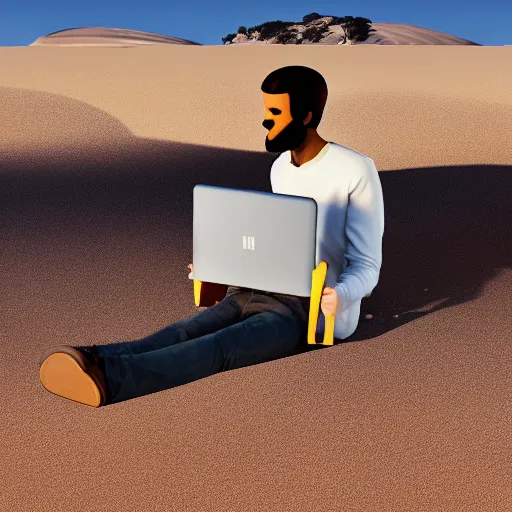 Prompt: a man with a laptop in the sandhill windy, photorealistic, 4 k