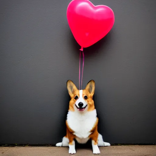 Prompt: a corgi with a heart shaped balloon, Sigma 85mm, f/1.4