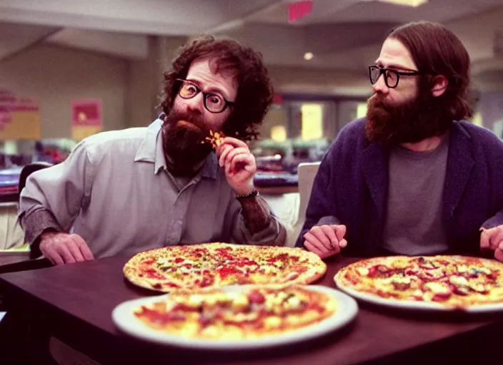 Prompt: cinematic detailed portrait of bearded charlie kaufman with glasses, eating pizza at chuck - e - cheese, dramatic top down lighting, moody film still from being john malkovich ( 2 0 0 1 ), 3 5 mm kodak color stock, 2 4 mm lens, directed by spike jonze, ecktochrome