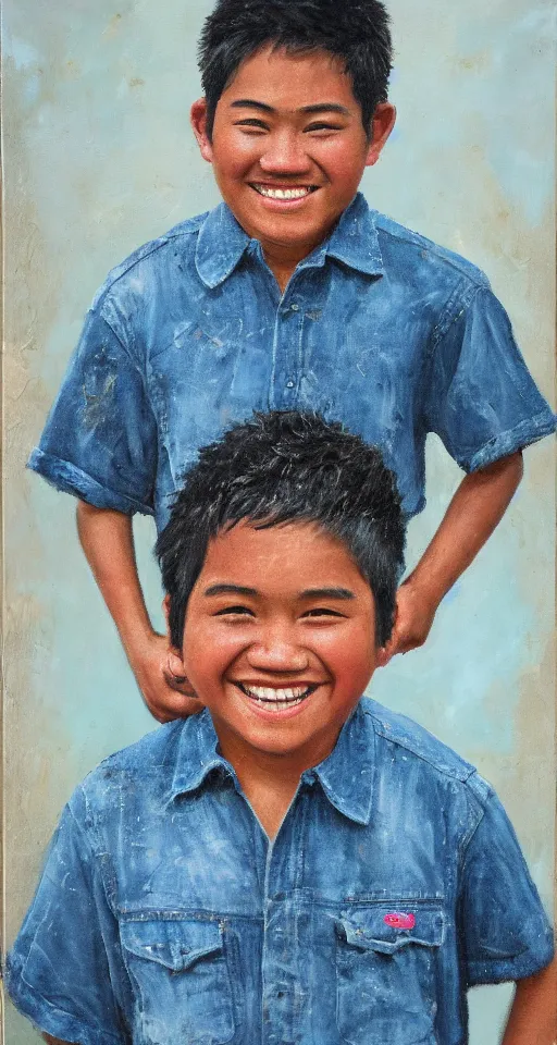 Image similar to oil portrait of a teenage chubby filipino boy smiling with crooked teeth, with a curly perm, and with small studded earings, 4 k, photorealistic, high detail