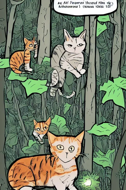 Prompt: a graphic novel comic about cats in the forest, by mike holmes, manga