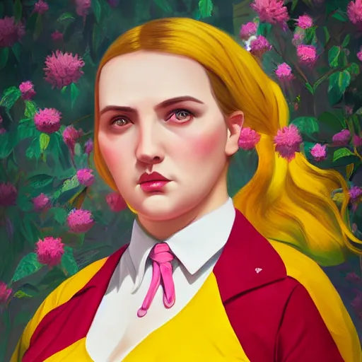 Image similar to colorful and festive cute female young plus size female hitler with tan skin, clear sharp female adolf hitler face, wearing yellow floral blouse. full body, rich vivid pastel colors, ambient lighting, dynamic lighting, 4 k, atmospheric lighting, painted, intricate, highly detailed by charlie bowater