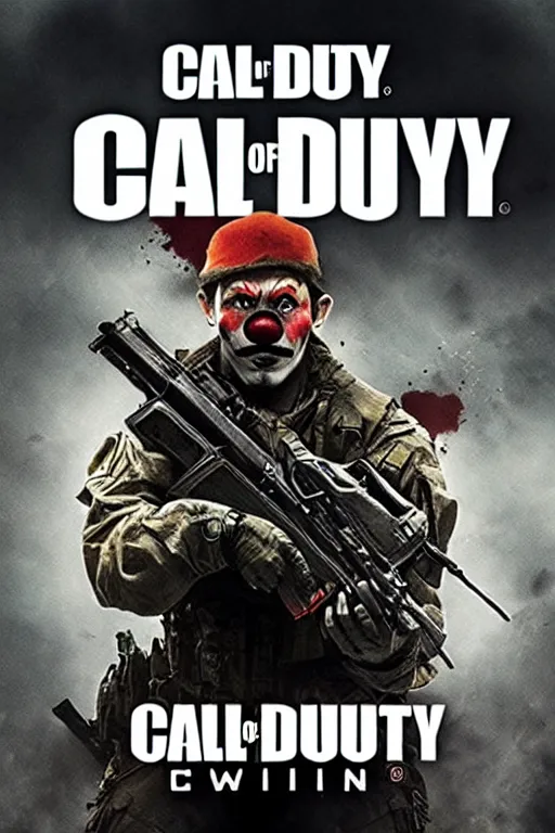 Image similar to call of duty cover art, goofy clown photo