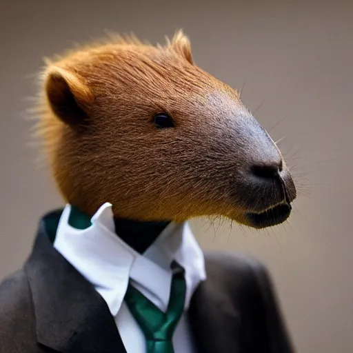 Image similar to capybara head, a man wearing a suit capybara head (smoking cigar)