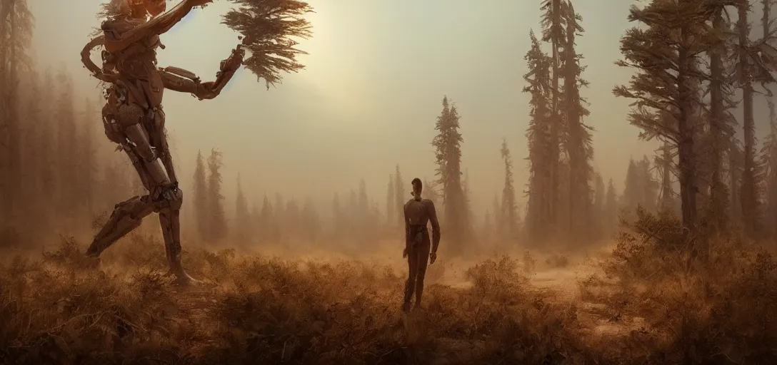 Image similar to hyperrealistic beautiful cinematic cyborg time traveler, desert, pine forest, stunning 3 d render inspired by istvan sandorfi & greg rutkowski, perfect symmetry, dim volumetric cinematic lighting, 8 k octane comprehensive render, extremely mega hyper - detailed and lifelike attributes & atmosphere, intricate, realistic flesh texture, masterpiece, artstation, stunning,