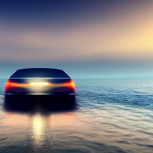 Image similar to A car floating over the ocean, photorealistic, ultrawide frame