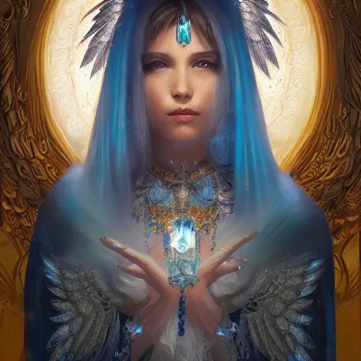 Image similar to A beautiful digital painting of a female Seraphim full of jewels, princess, the moon behind her, intricate, cinematic lighting, highly detailed, digital painting, Artstation, concept art, smooth, sharp focus, illustration, art by Tom Bagshaw, Artgerm and Greg Rutkowski