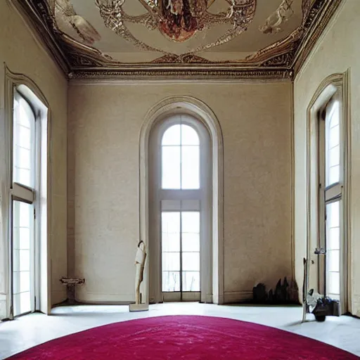 Image similar to giant Italian modern castle living room, clean minimalist design, that is 1300 feet tall, with very tall giant walls filled with modern art paintings, doors that are cosmic portals, photo by Annie Leibovitz, with modern sculpture by Ken Kelleher