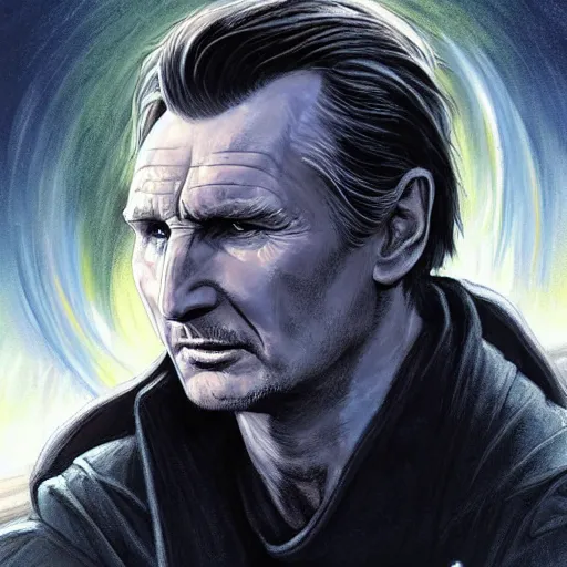 Prompt: Liam Neeson as a vengeful prophet calling down lightning, symmetrical, smooth, sharp focus, art by magali villeneuve and art germ, concept art, very high quality