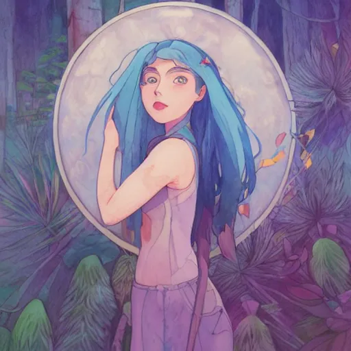 Image similar to a wholesome animation key shot of a blue haired girl with a raccoon tail, studio ghibli, pixar and disney animation, sharp, disney concept art watercolor illustration by mandy jurgens and alphonse mucha and alena aenami, pastel color palette, dramatic lighting