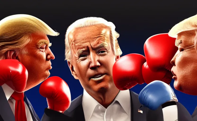 Image similar to a beautiful painting of donald trump and joe biden in a boxing match, cinematic angle, studio lighting, movie concept, trending on artstation, octane render, 8 k, ultra high detail