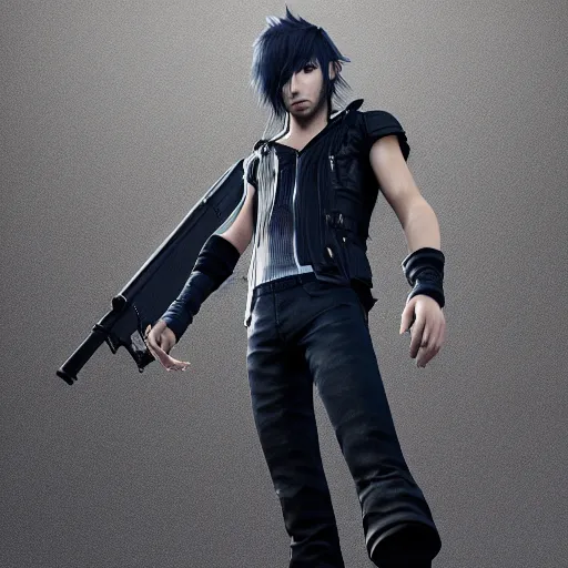 Image similar to Noctis Lucis Caelum from ffxv pose for picture, upscaled, 4k, illustration, Ray tracing reflection, blender render