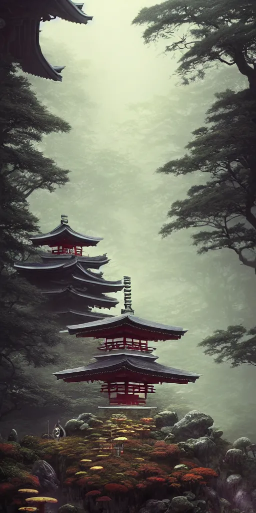 Image similar to japanese style shrine on top of a misty mountain overgrown by glowing mushrooms, hyper realistic, lush gnarly plants, 8 k, denoised, by greg rutkowski, tom bagshaw, james gurney cinematic lighting