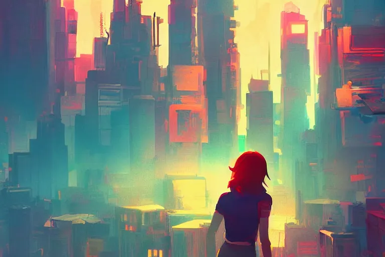 Prompt: a digital art of a selfie of max caulfield standing in a metropolis, youth, light effect, highly detailed, by anton fadeev