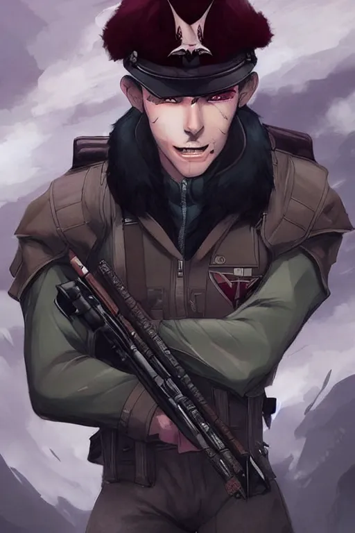 Image similar to beautiful portrait commission of a male furry anthro!!! half-bat half-shark wearing military clothes and a maroon beret. Active Warzone with guns and explosions Atmospheric. Character design by charlie bowater, ross tran, artgerm, and makoto shinkai, detailed, inked, western comic book art