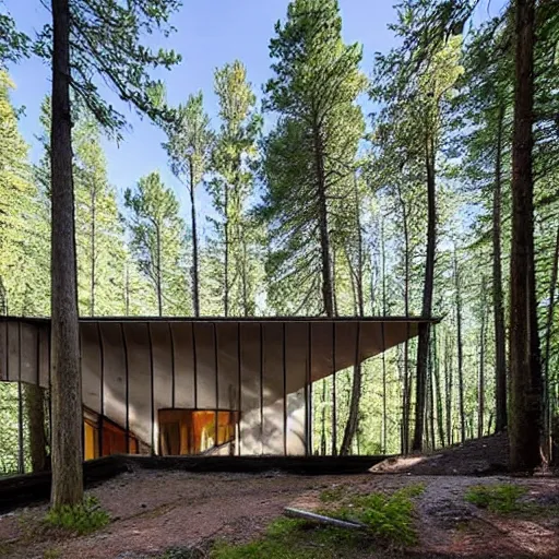 Prompt: a modern house in the woods. the house is the shape of a mobius strip with large picture windows. there are pine trees all around.