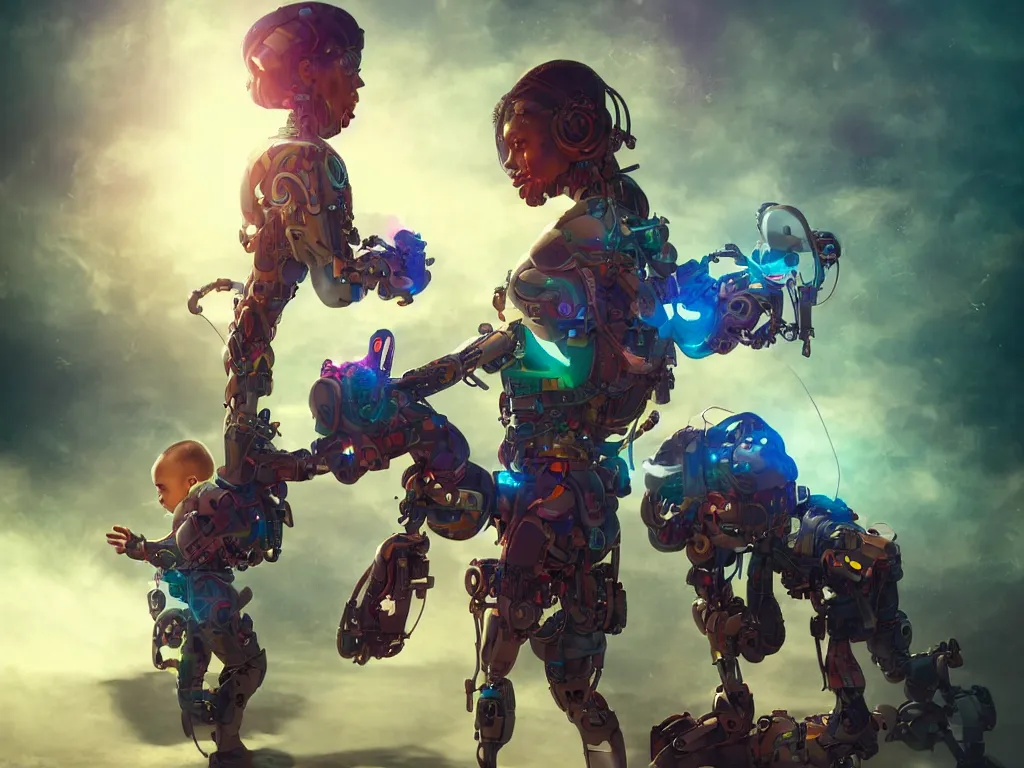 Image similar to A beautiful cyborg baby sitter, collecting books with multiple arms, hyperealistic colourful hdr , beautiful volumetric lighting, epic light, artstation, magic hour lighting, cgi render photorealistic cinematic octane render