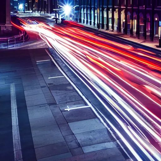 Prompt: Night photography of trafic Light trails in the streets of london, photorealistic