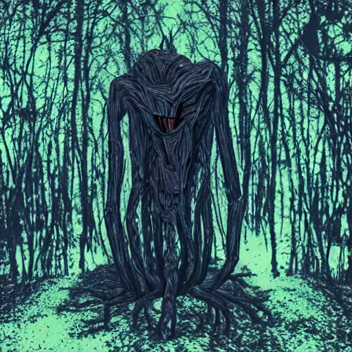 Image similar to horrifying eldritch creature hiding in the forest at night with vhs filter