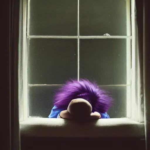 Prompt: man sleeping, a boy with purple hair and cat ears standing in window, dark lighting