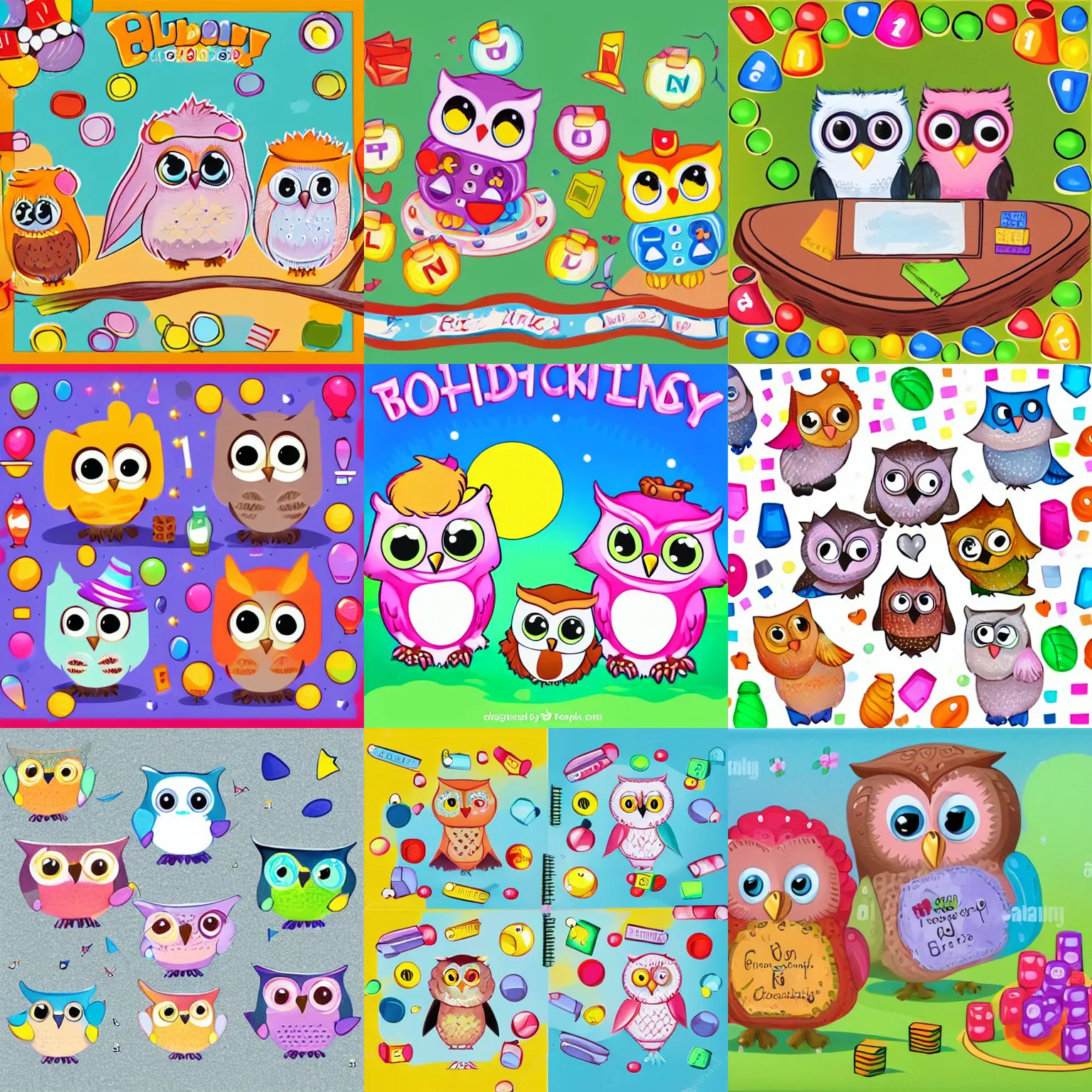 Prompt: cute fluffy baby owls playing board games, cartoony, children's book, pencil drawing, colorful