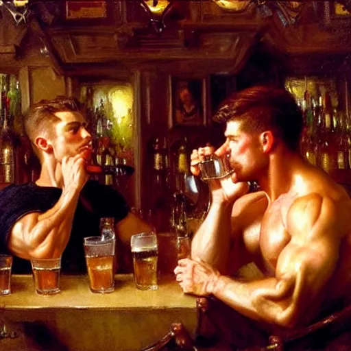 Image similar to attractive muscular mike with ginger hair with muscular attractive tyler with brunet hair, drinking their hearts out, in a pub. very defined and highly detailed painting by gaston bussiere, j. c. leyendecker, craig mullins 8 k