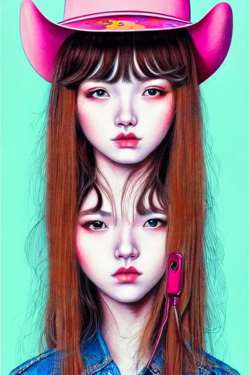 Image similar to girl wearing cowboy hat, style of yoshii chie and hikari shimoda and martine johanna, highly detailed