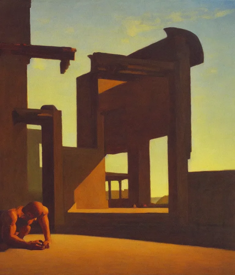 Prompt: Lush Painting of Sampson breaking the temple in two, oil painting by Edward Hopper sunset lighting