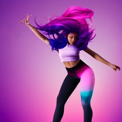 Image similar to a award winning full body shot of a beautiful woman in a croptop with a ombre purple pink teal hairstyle with head in motion and hair flying, outrun, vaporware, vivid colors, highly detailed, fine detail, intricate