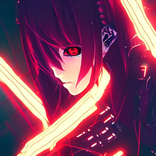 Image similar to digital anime in the style of arcane!!, cyborg - girl hacking into the reality, black red long hair!, biomechanical details, neon background lighting, reflections, wlop, ilya kuvshinov, artgerm