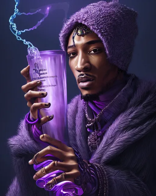 Image similar to future the rapper holding cup of codeine, purple liquid in cup glowing, fantasy, dramatic, intricate, elegant, highly detailed, digital painting, artstation, concept art, smooth, sharp focus, illustration, art by Gustave Dore, octane render