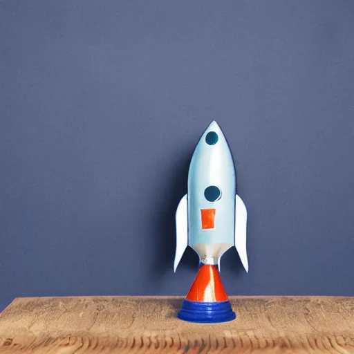 Prompt: a cute space rocket made of shiny plastic and aluminium - professional photo studio - dark bleu background - vignette