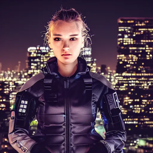 Image similar to photographic portrait of a techwear woman, closeup, on the rooftop of a futuristic city at night, sigma 85mm f/1.4, 4k, depth of field, high resolution, 4k, 8k, hd, full color