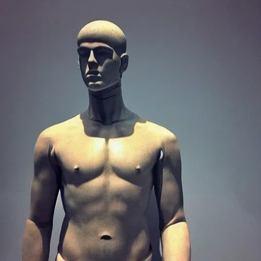 Image similar to “a realistic detailed photo of a guy who is an attractive humanoid who is half robot and half humanoid, who is a male android, actor Liam Hemsworth, shiny skin, posing like a statue, blank stare, at the museum, on display”