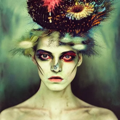 Prompt: kodak portra 4 0 0, wetplate, photo of a surreal artsy dream scene,, weird fashion, in the nature, highly detailed face, very beautiful model, portrait, expressive eyes, extravagant dress, carneval,, photographed by paolo roversi style and julia hetta