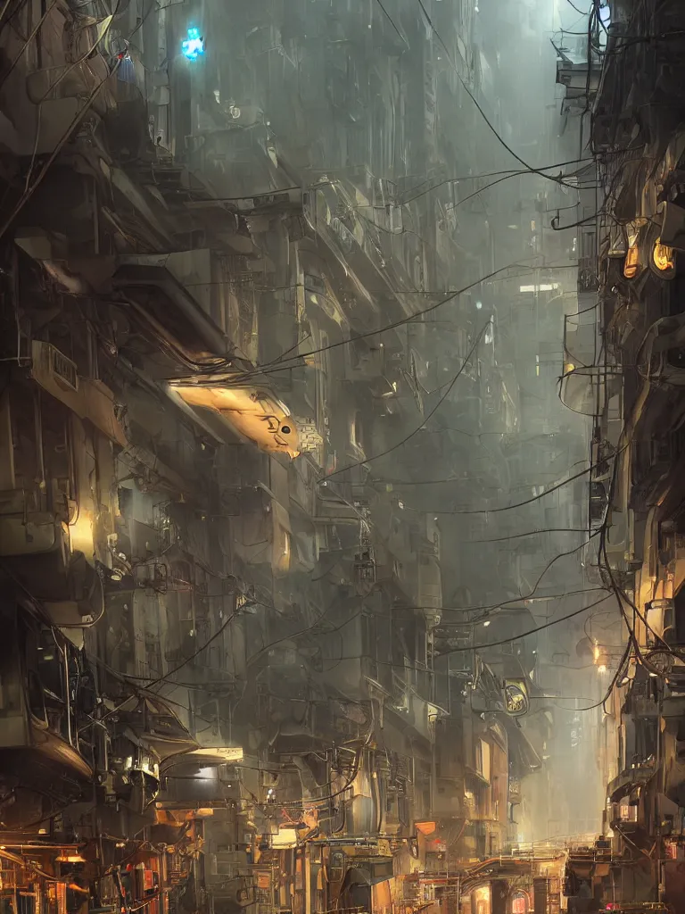 Image similar to futuristic dieselpunk street, hanging cables, narrow, garbage on the ground. rain. fog, haze, evening. led screens. golden hour. the very low point of view. close to the ground. volumetric lighting. cables on the ground. very messy. futuristic. photorealistic. artstation. anime. studio gimbli style