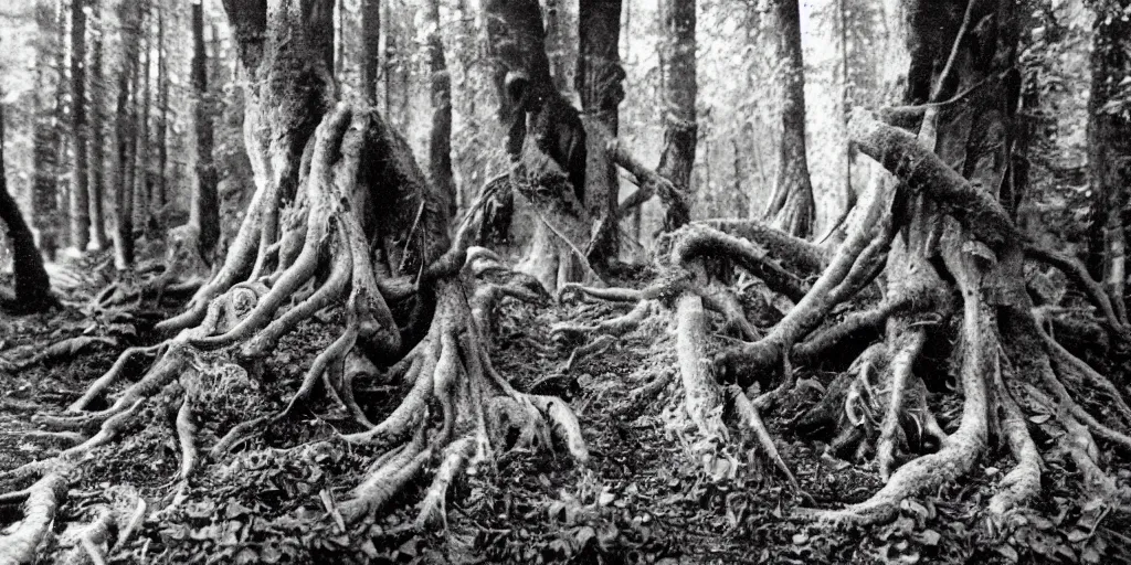 Image similar to 1 9 2 0 s photography of monster root creatures creeping and lurking in dark forest in the dolomites