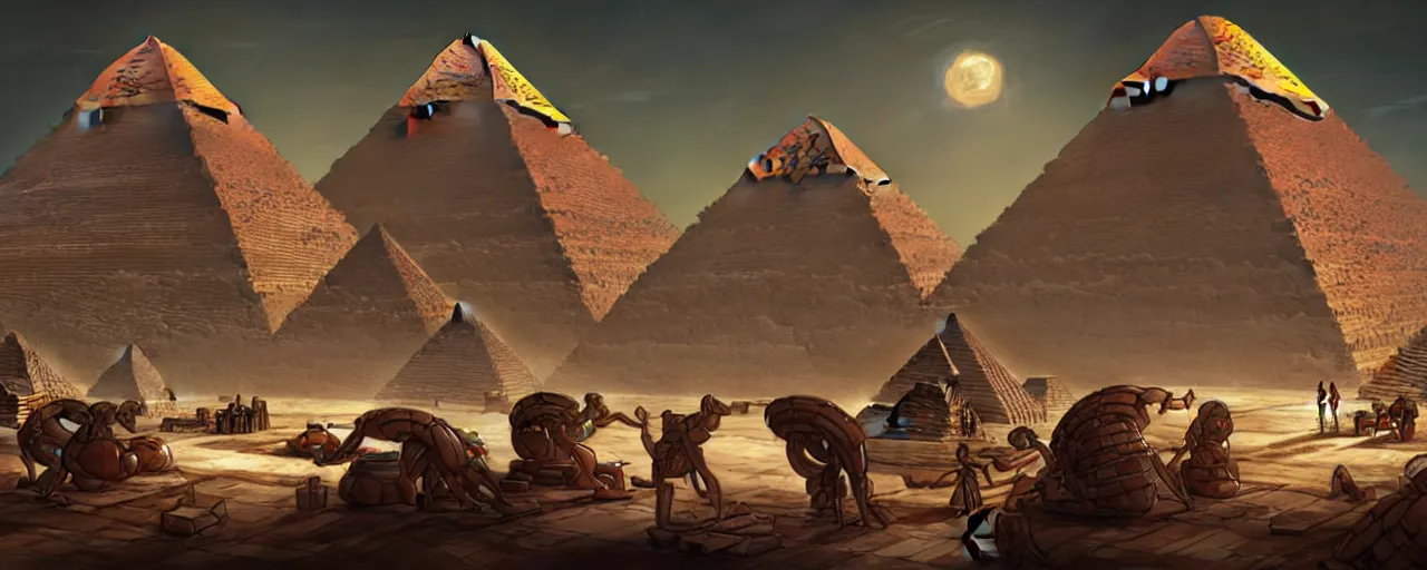 Prompt: an intricate concept art of alien slaves building the egyptian pyramid, concept art, style by dylan cole and tyler edlin and feng zhu, cinematic