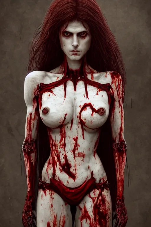 Prompt: woman black skeleton body covered with blood, alexandra daddario face, long red hair, ultra realistic, concept art, intricate details, highly detailed, photorealistic, octane render, 8 k, unreal engine. retro film still, heavy grain, 3 5 mm, art by artgerm and greg rutkowski and alphonse mucha