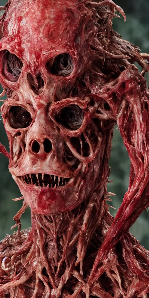 Image similar to photorealistic ultra detailed humanoid creature made of decomposed bloody flesh and bones, the woods, night, extremly detailed, 8 k, realistic, sharp focus, cosmic horror creature, cosmic horror, from the movie the thing, mysterious creature, bloody eyes