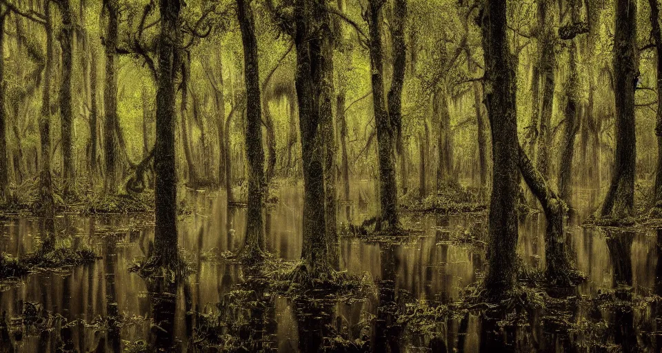 Image similar to A dense and dark enchanted forest with a swamp, by 500px