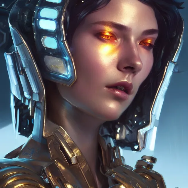 Prompt: close up portrait of a cyberpunk female wearing shiny metallic armor, highly detailed skin, 4 k, hdr, subsurface scattering, artistic, ice palace background, fantasy atmosphere. art by artgerm, greg rutkowski and alphonse mucha, artstation octane render,