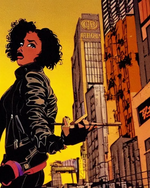 Prompt: portrait of an attractive young female protagonist wearing leather jacket, center focus, in city street, frank miller, ralph bakshi