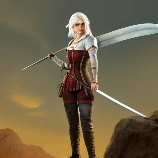 Image similar to Ciri from the Witcher standing on a roof holding a sword, realistic digital art.