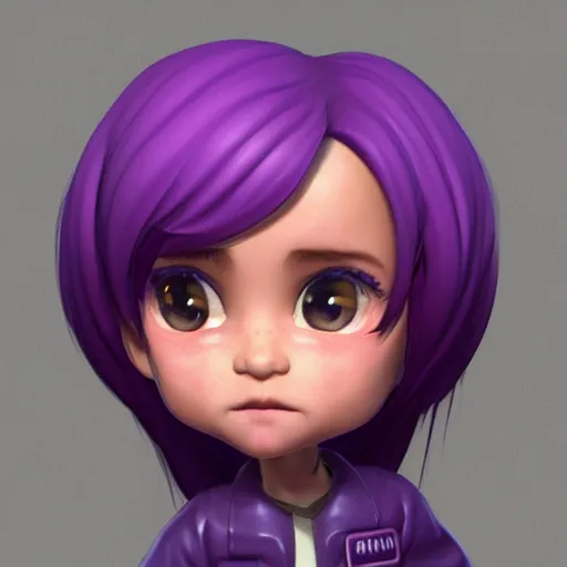 Prompt: portrait of a chibi very cute girl with purple jacket design by antonio mello, carlos ortega elizalde, character modeling, toy design, substance 3 d painter, blender, mental ray, zbrush, soft vinyl, bio luminescent, maximalist sculpted design portrait, studio photo, 7 0 mm lens, trending in artstation