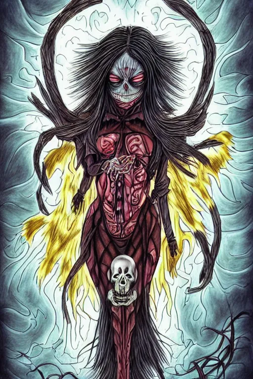 Image similar to human need death angel, realistic, art by tafy laplanche, colored by masashi kishimoto