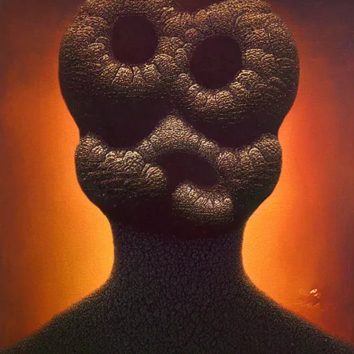 Prompt: black dramatic portrait painting of human with black mandelbrot fractal instead of face, in style of zdzisław beksinski, darkness, horror, body horror, scary,