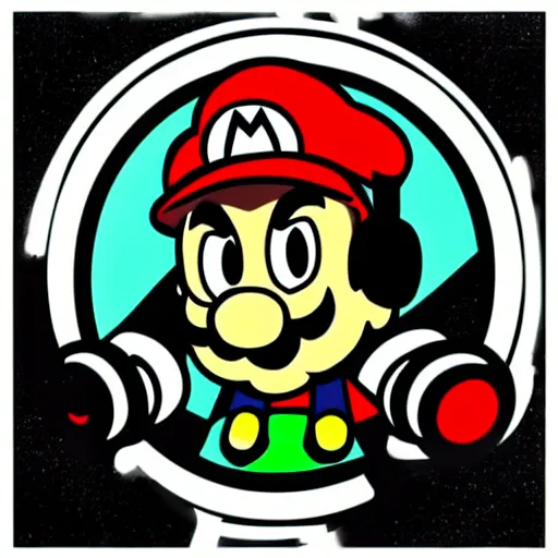 Image similar to svg sticker of a Pop-Wonder SuperMario, Mario-Wearing-a-red-hat, at a rave, spinning records, giant headphones rocking out, wearing headphones, huge speakers, dancing, rave, DJ, spinning records, digital art, amazing composition, rule-of-thirds, award-winning, trending on artstation, featured on deviantart